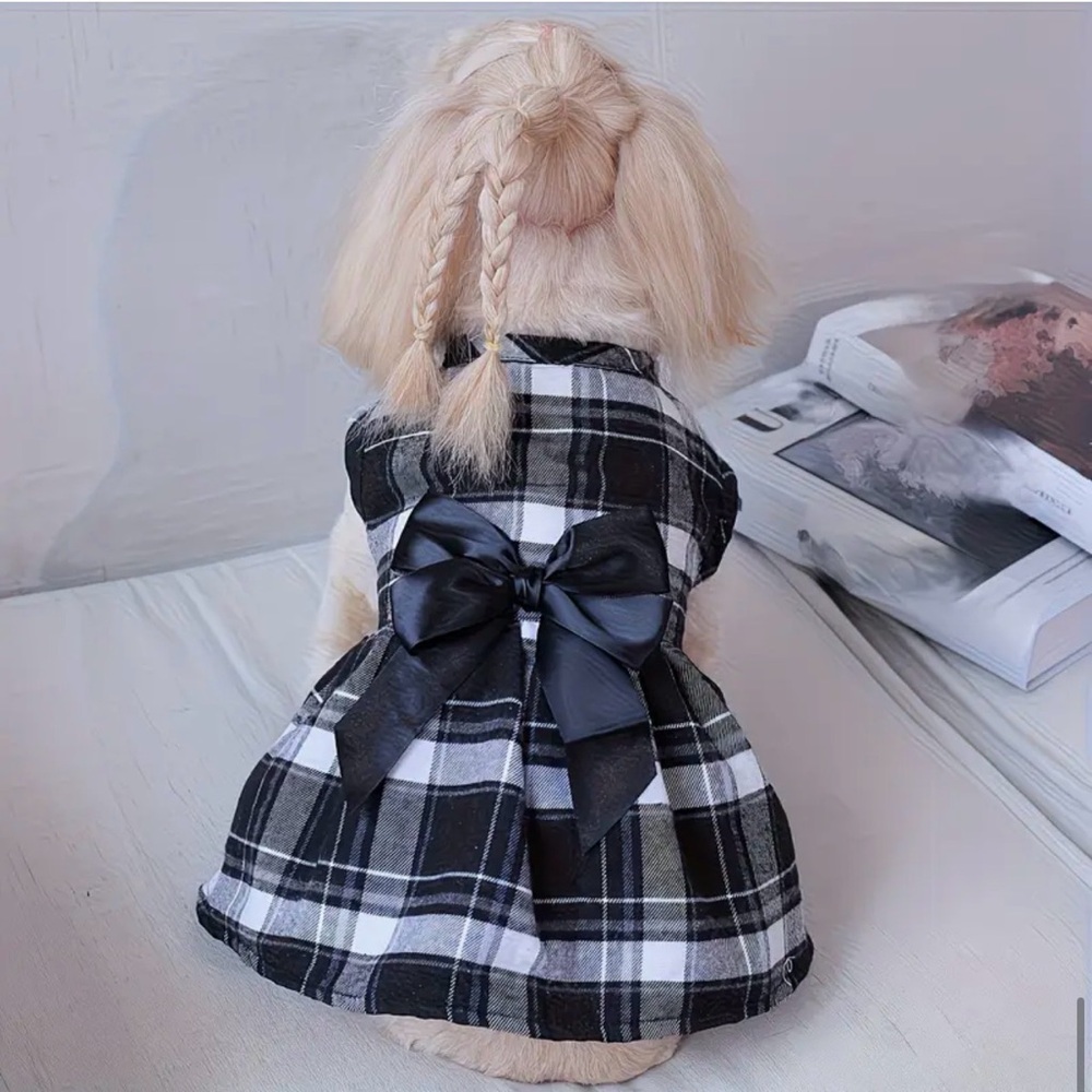 Plaid Black and White Dog Dress with Bow - Picture 6 of 6